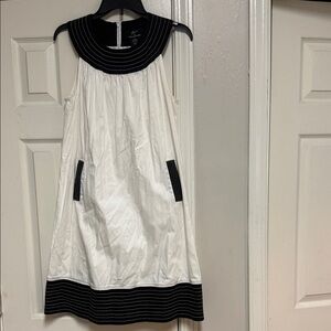 Lennie Nina Leonard White and Black Sleeveless A-Line Dress with Contrast Trim